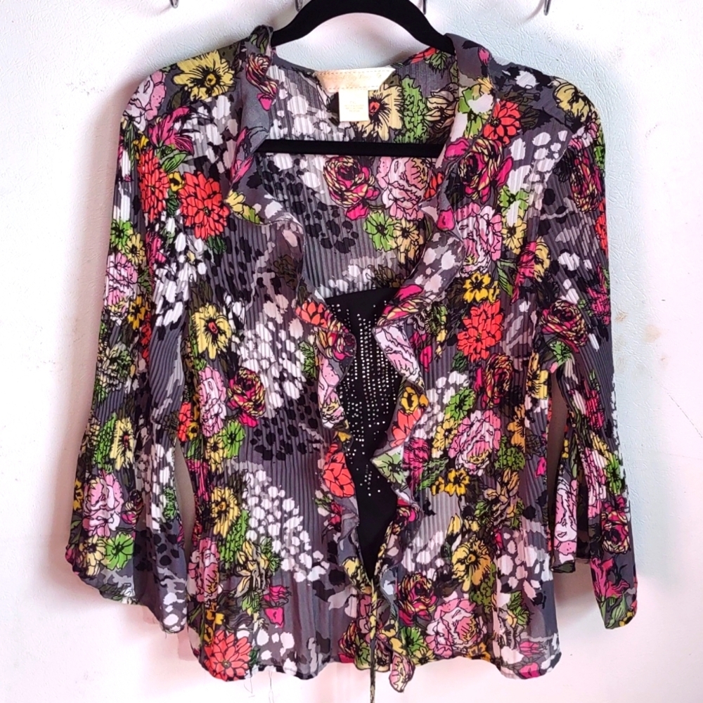 Vintage New York City design Co blouse petite extra large Floral Bell sleeves - Picture 1 of 7